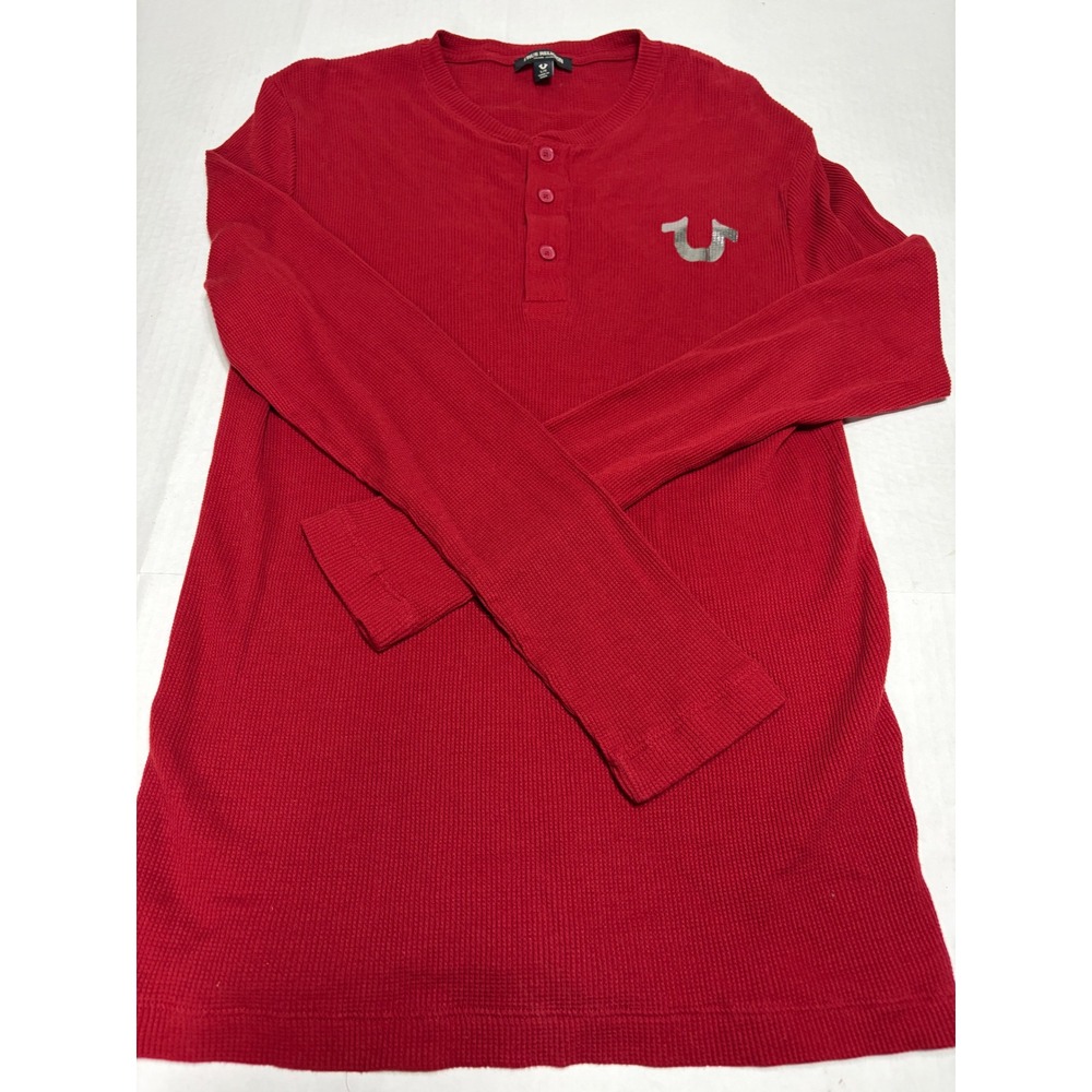 True Religion Mens Red Waffle Knit Henley Long Sleeve Horseshoe Logo Shirt L